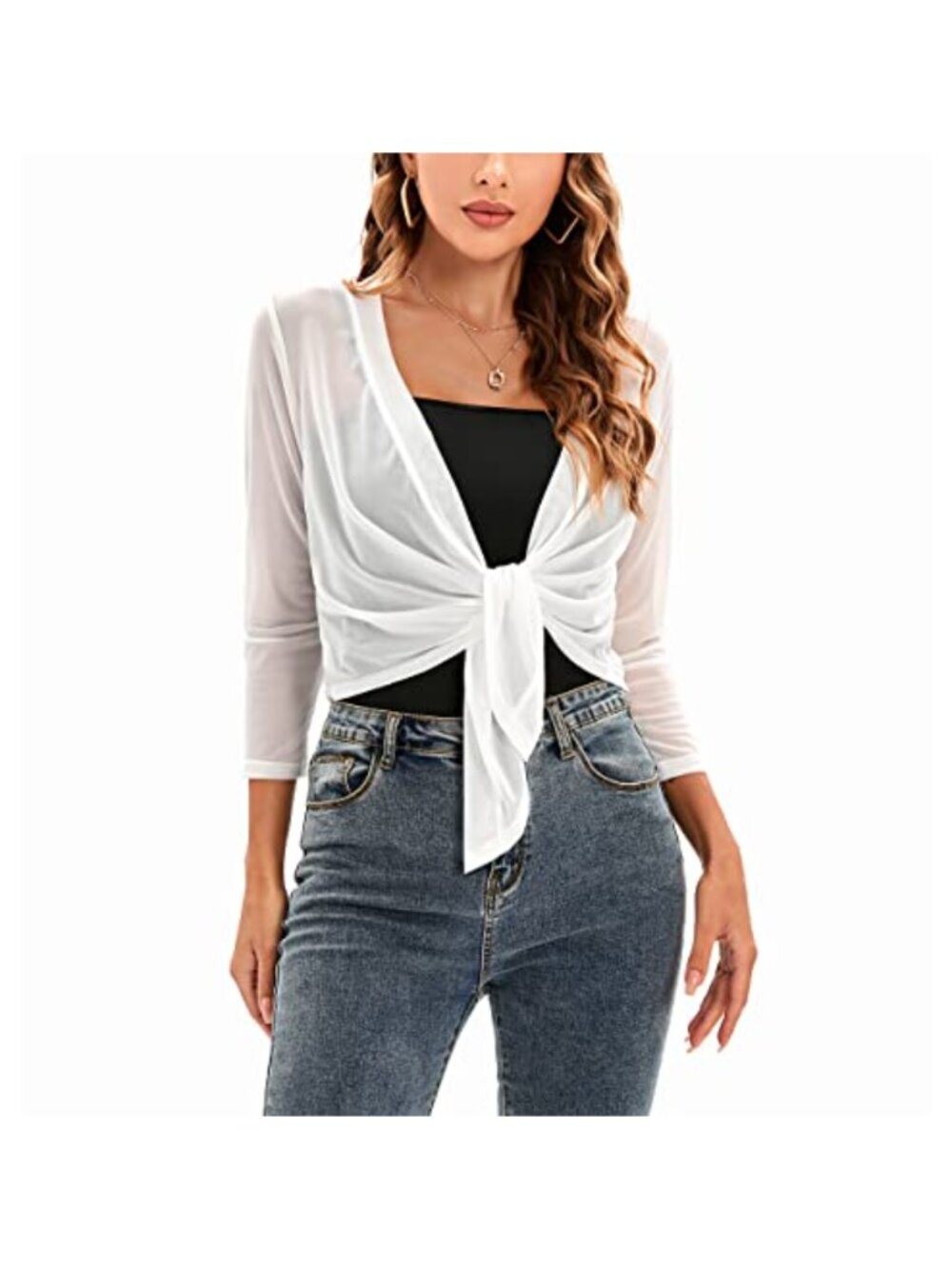 Women's Tie Front 3/4 Sleeve Sheer Mesh Shrug Bolero Cardigan Lightweight